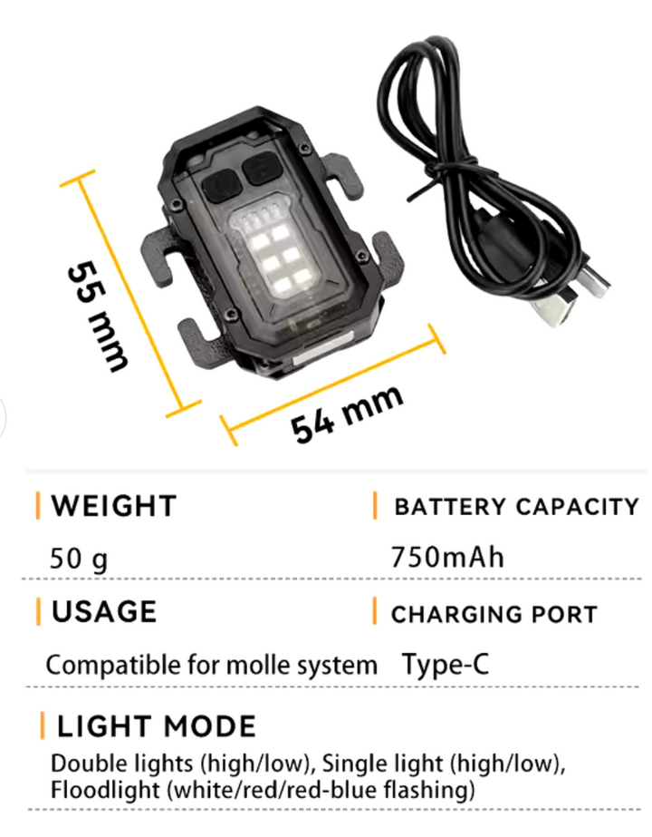 MOLLE Tac Light – USB Rechargeable Multi-Mode Tactical Flashlight with 8 Light Modes, 750mAh Battery, and MOLLE Compatible Backpack Clip for Outdoor, EDC, and Emergency Use