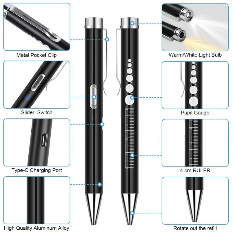 ONE SHEAR® PERRLA Diagnostic Penlight – USB-C Rechargeable Medical Flashlight & Ballpoint Pen with Pupil Gauge