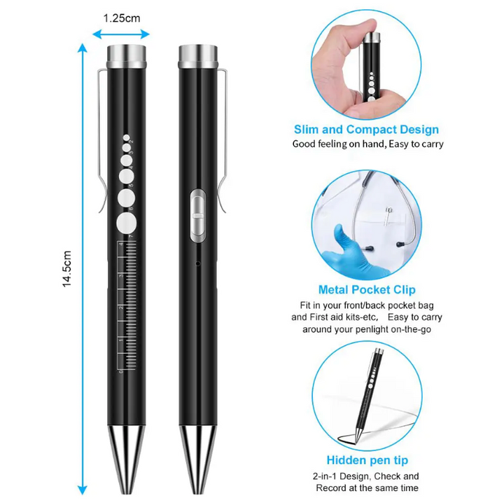 ONE SHEAR® PERRLA Diagnostic Penlight – USB-C Rechargeable Medical Flashlight & Ballpoint Pen with Pupil Gauge